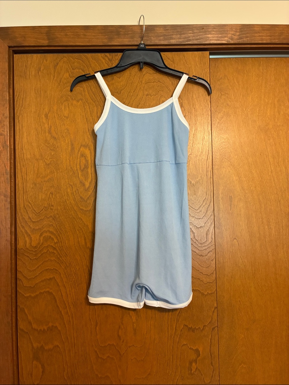 Maternity Light Blue Tank One-Piece Romper with White Trim